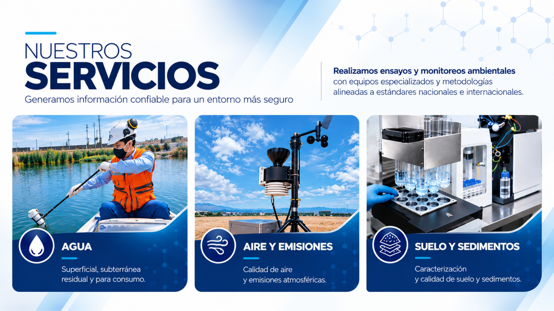Nuestros servicios: agua superficial, subterránea, residual y para consumo; calidad de aire y emisiones atmosféricas; caracterización de suelo y sedimentos.