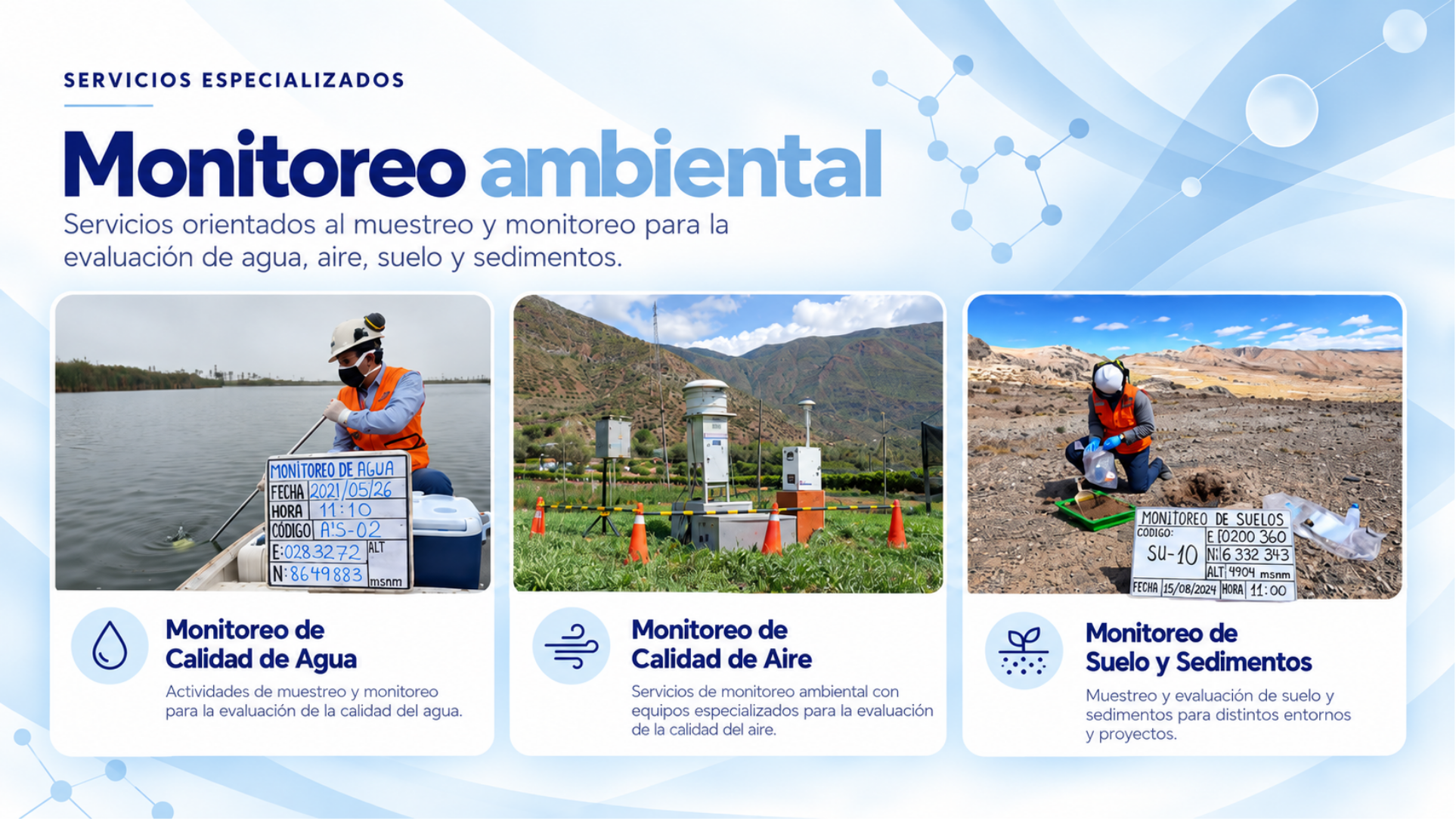 Servicios de monitoreo de calidad de agua, aire, suelo y sedimentos.